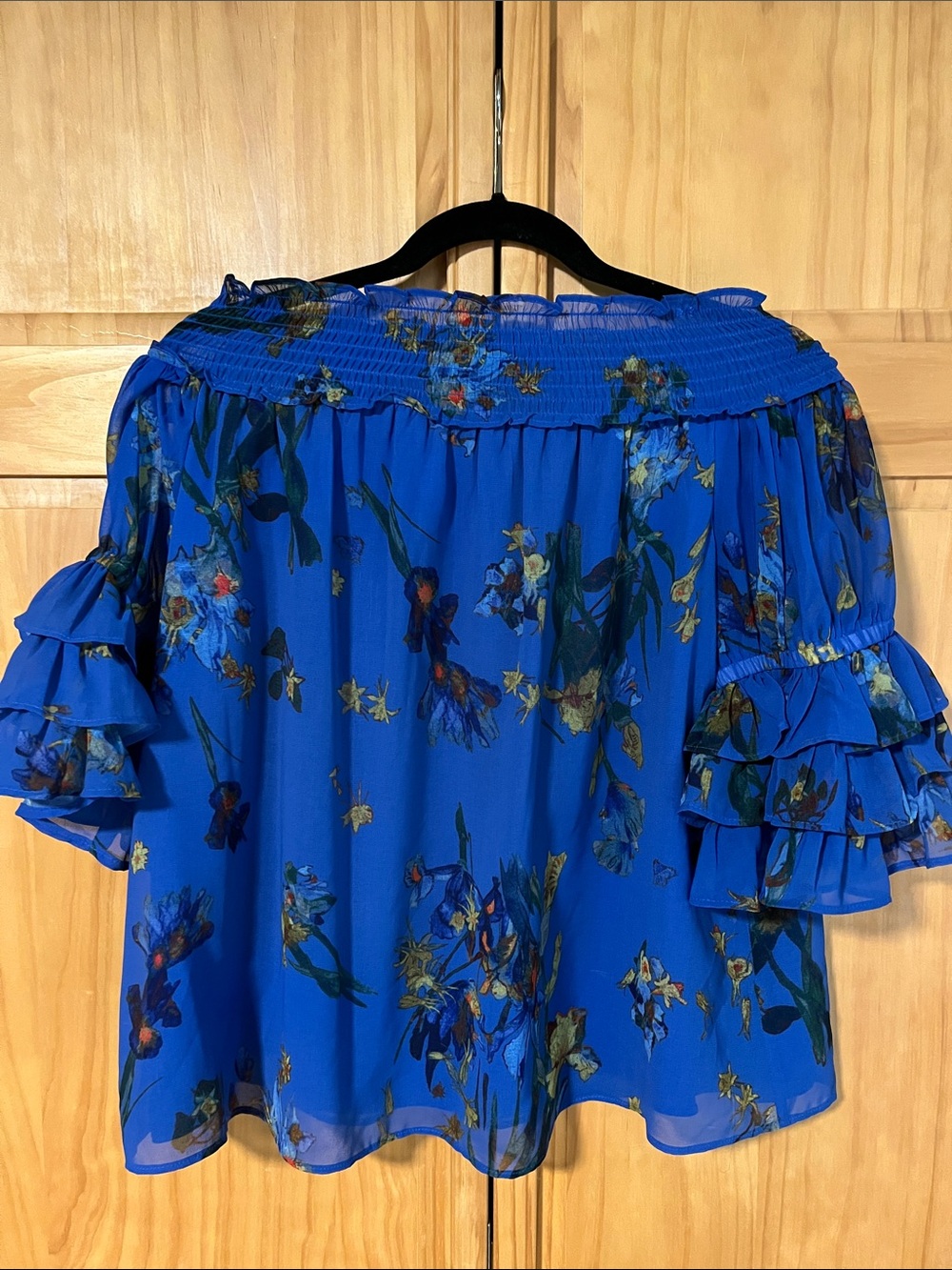CeCe Royal Blue Floral Off-Shoulder Ruffle Sleeve Blouse